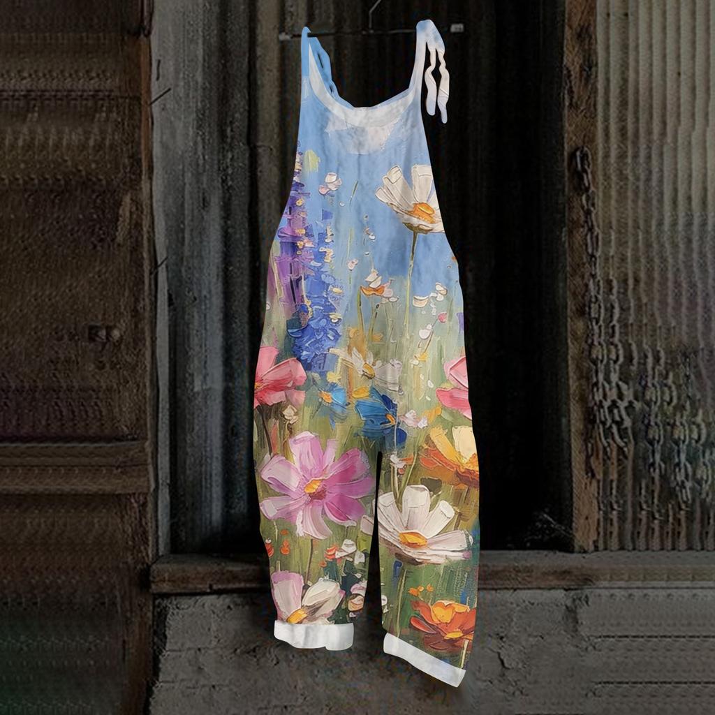 Women's Retro Printed Casual Loose, Retro Overalls Cotton And Linen One,piece Pants