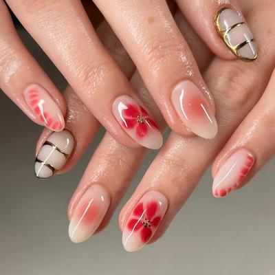 24 Uds. Uñas Postizas Cortas Almendradas con Pegamento Flores Color Rubor Dulce Metálicas Simples Desmontables Cobertura Completa Puntas de Uñas Press-On