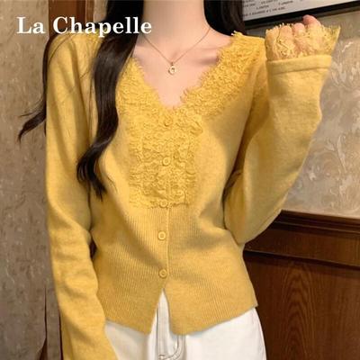 La Chapelle Women's French V-Neck Lace Knit Cardigan