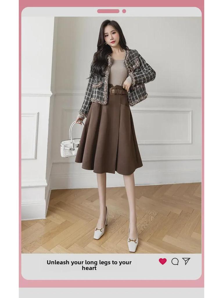 Fusta A-Line din Lână în stil francez pentru femei - Lungime mijlocie, Talie înaltă, Toamnă/Iarnă