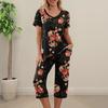 2 Stück/Set Damen Blumenprint Loungewear Set V-Ausschnitt Kurzarm T-Shirt Taschen Elastische Taille