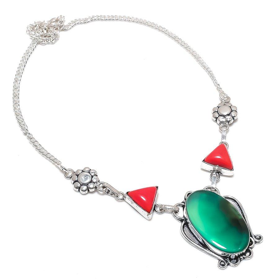Natural Green Onyx, Coral Gemstone 925 Sterling Silver Jewelry Necklace 18" I6p62