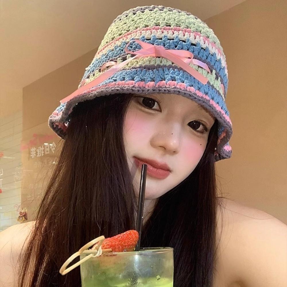 Handmade Knitted Bucket Hats Bow Ribbon Weave Hats Versatile Hollow Basin Cap  Streetwear