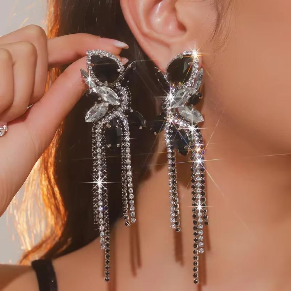 Rose Pink Crystal Earrings Black Water Drop Earrings Jewelry Long Tassel Earring  Weddings
