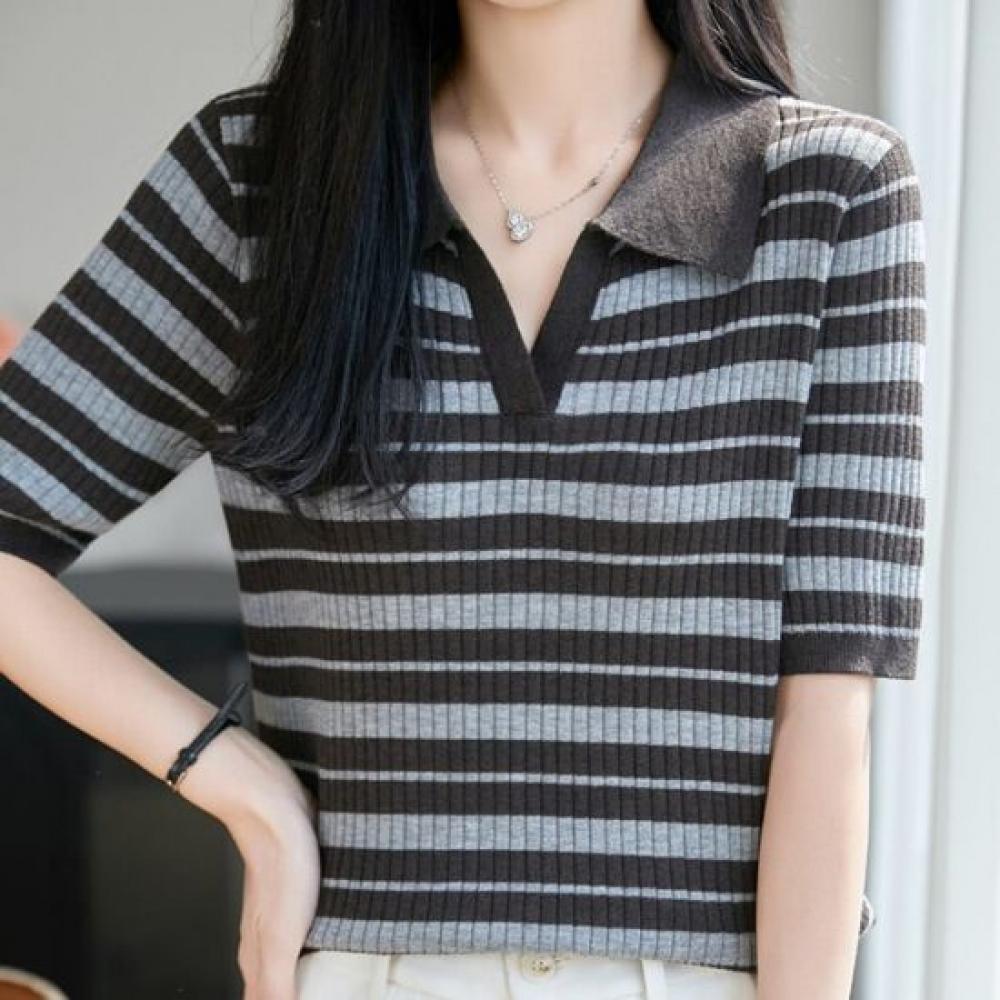 Navava Women Casual Stripe Collar Short Sleeve Knit Tee Nk3693