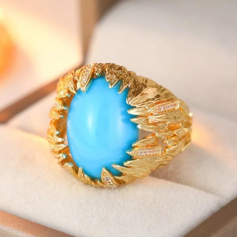 Vintage Inlaid Blue Sotne CZ Women's Ring Geometry Gold Color Hand Carving Daily Wear Party Jewelry Anniversary Gift