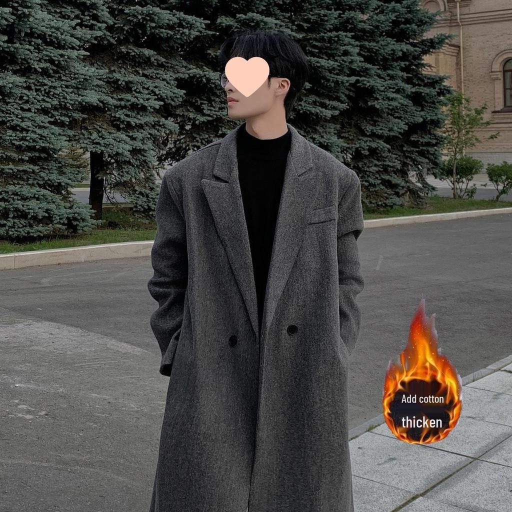 Men's Korean Style Over-the-Knee Wool Winter Coat - Thickened, Mid-Length, Loose Fit