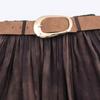 European & American Style Women's Suede Effect Pleated Midi Skirt with Belt - High Waist Skirt, 2025 Collection