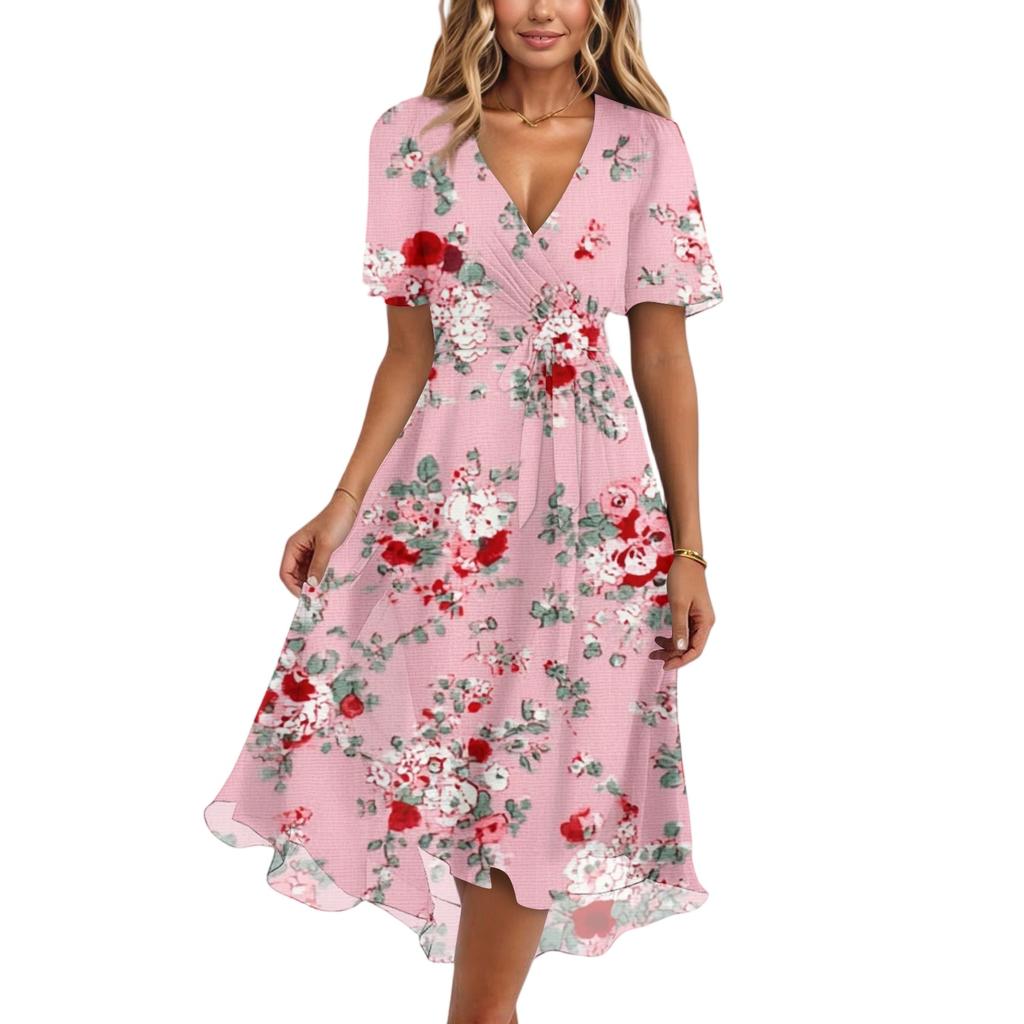 Rochii de damă la modă, casual, cu gât în V, mânecă scurtă, cu volane, vintage, cu imprimeuri