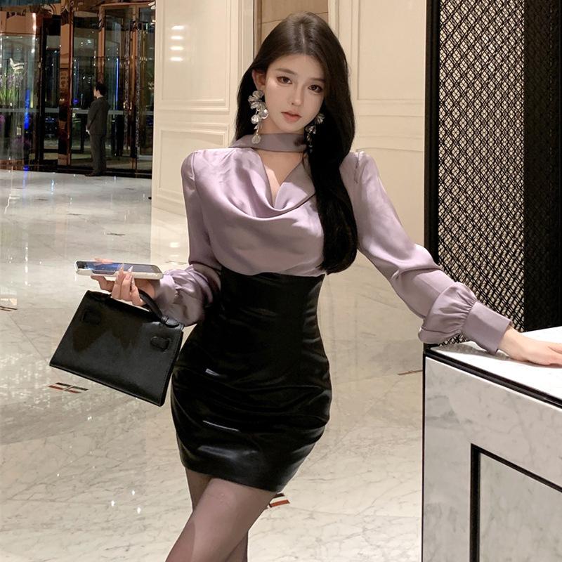 

Женская одежда королевская сестра стиль атласная искусственная кожа сращивание поддельные двухсекционное платье L