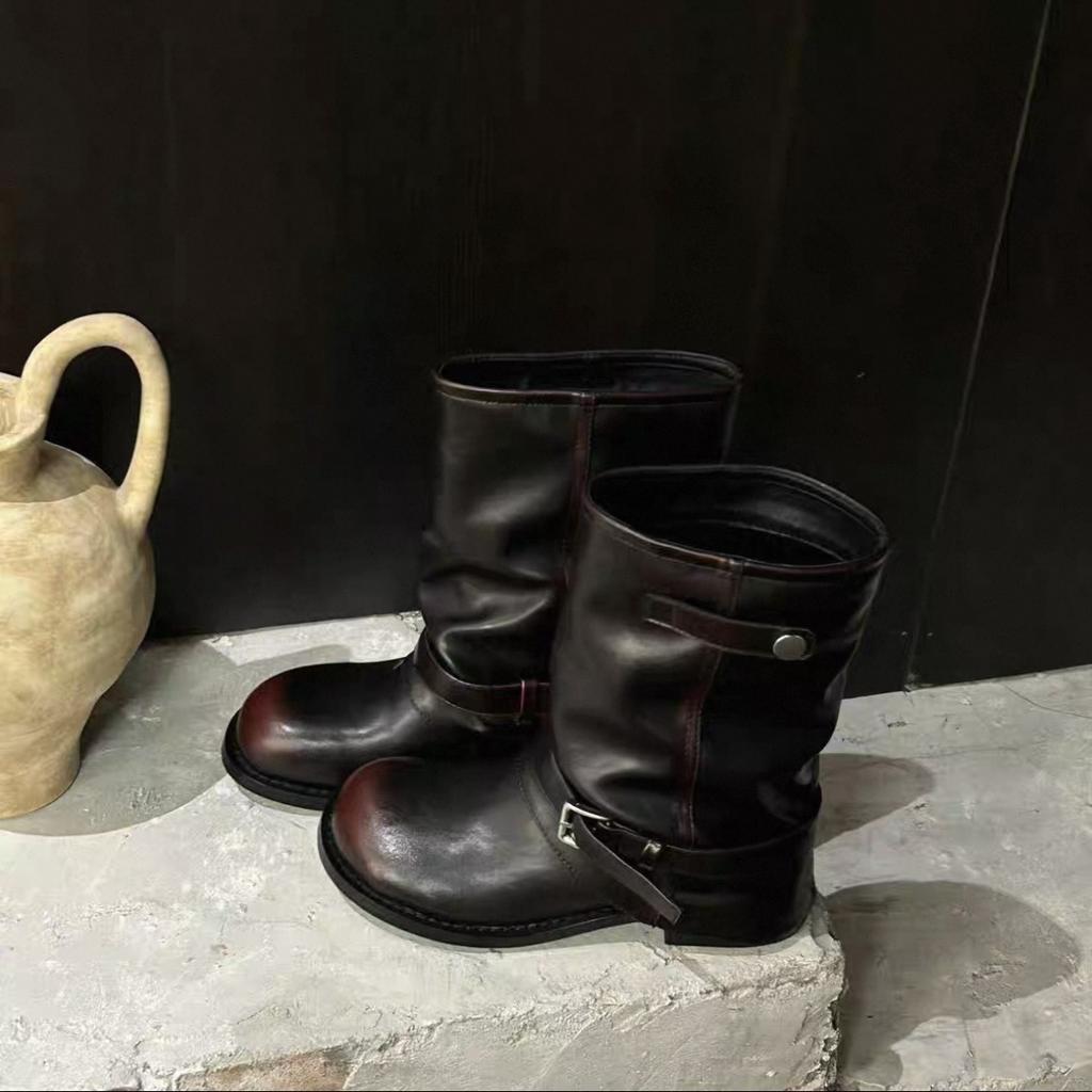 Cowhide version~ retro trousers fashion stacked short boots women's 2025 new thick heel pleated wasteland Martin boots