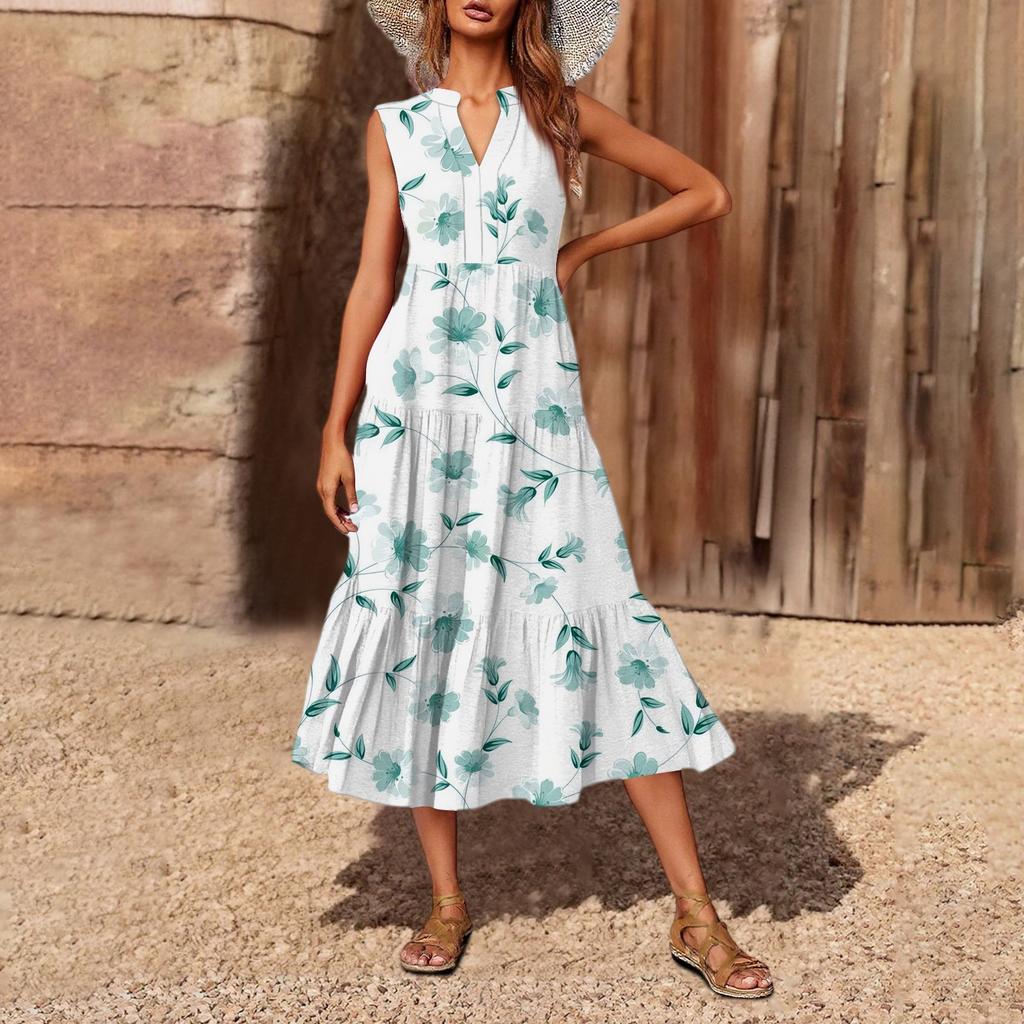 Women's Casual And Fashionable V-neck Sleeveless Printing Mid Length Dress