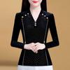 Women's Autumn Winter New Splicing V-neck Embroidered Flares Fashion Solid Color Slimming Minimalist Casual Long Sleeve Top