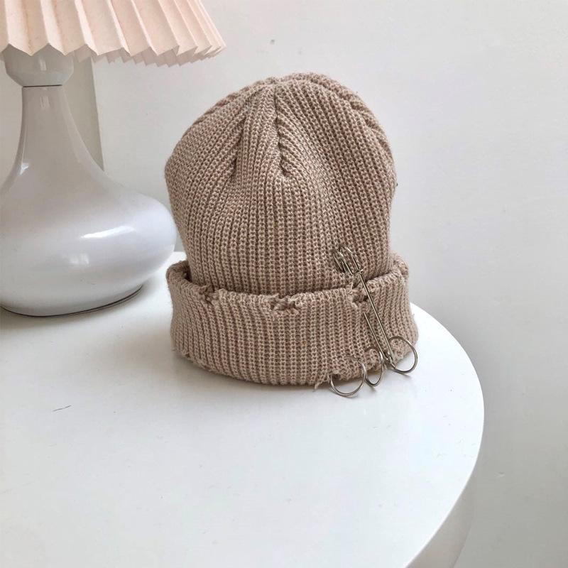 Solid Color Knitted Hat Punk Hip Hop Beanies for Men Women Metal Pin Ring Brimless Melon Cap Winter Warm Crochet Bonnet Gorras