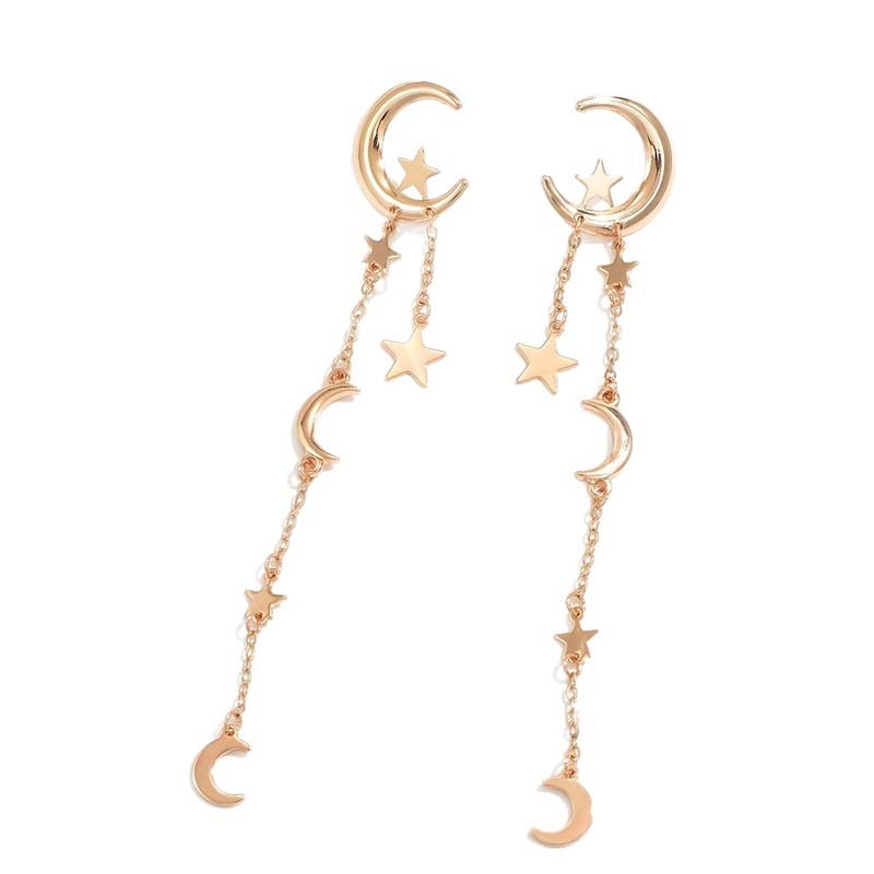 Vintage Metal Star Moon Tassel Pendant Earrings for Women Fashion Gold Color Asymmetric Personality Earrings Jewelry Gifts