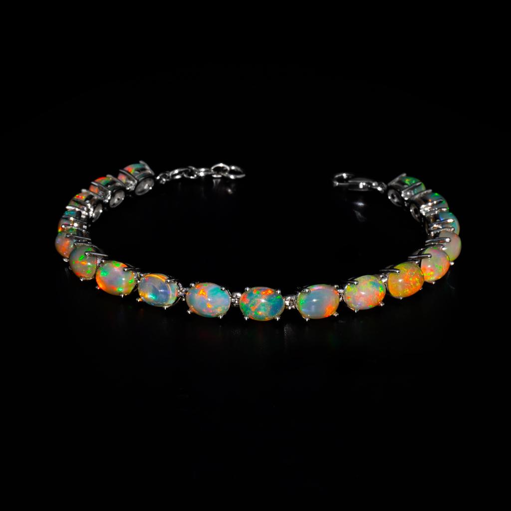 Sterling Silver Ethiopian Opal Tennis Bracelet - Genuine Fire Opal Rainbow Colors | 925 Silver Oval Stone Link Bracelet