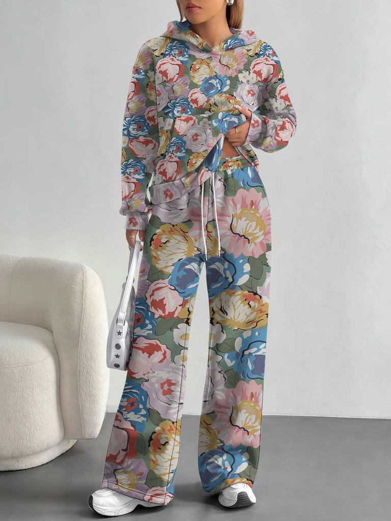 European And American Autumn And Winter Casual Long-Sleeved Suit Women'S Hooded Sweater Trousers Two-Piece Set Retro Elements