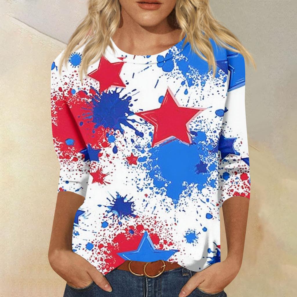 Women's Fashion Casual Seven-Sleeve Independence Day Print Round Neck Top