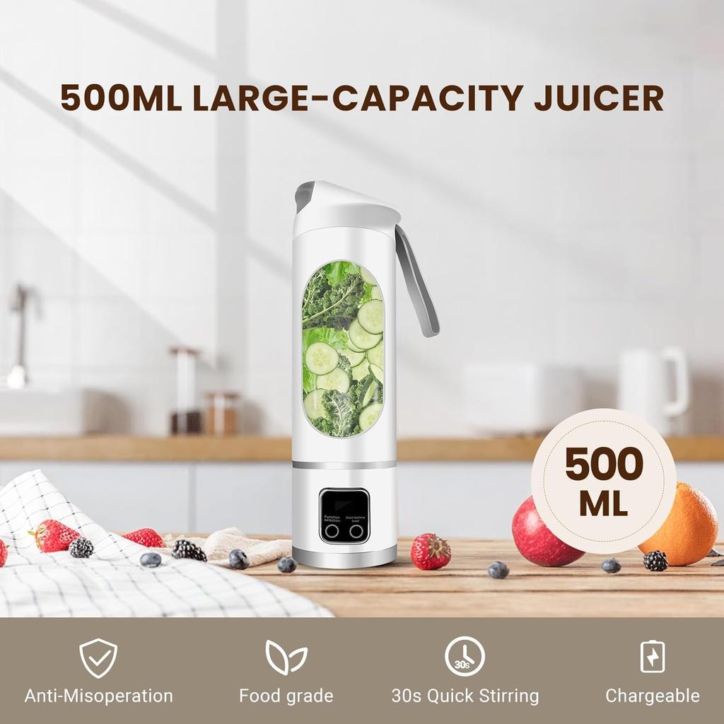 Portable Personal Electric USB Juicer, 500ML Mini Blender for Shakes and Smoothies, 12 Blades Great for Mixing, Compact, Convenient (White)