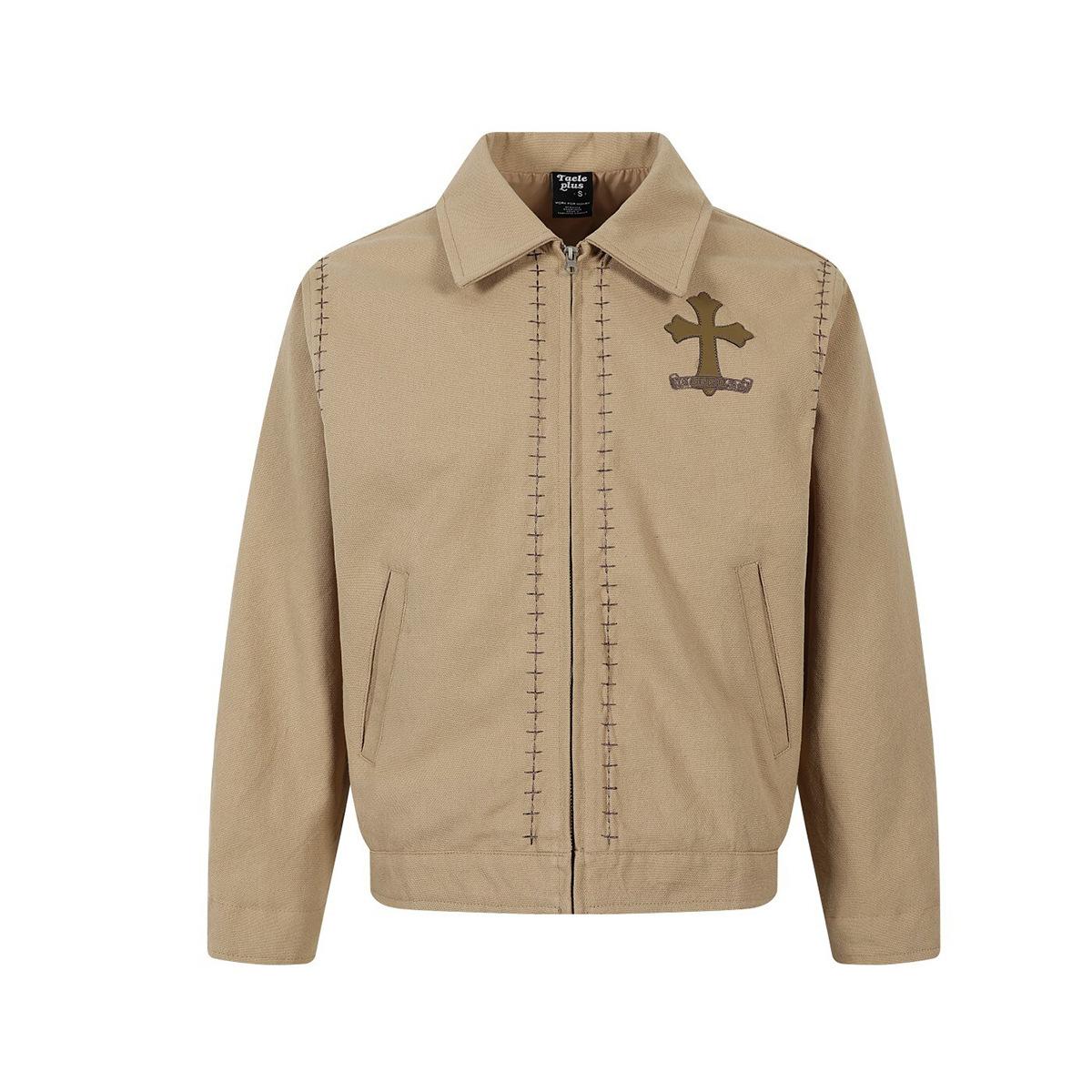 American retro trendy brand cross leather embroidered Detroit jacket tooling jacket gram S хаки