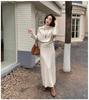Korean Style Women's Knit Top & High Waist Skirt Set with Buttoned Waist-cinching and Loose High Neck Design