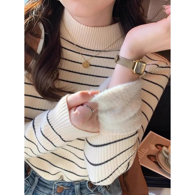 Semi-turtleneck striped color matching integrated fleece plush thick sweater for women's autumn and winter new bottoming knitted sweater for women