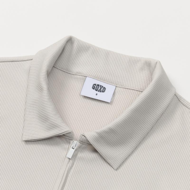 GOXO Short Sleeve Zip Up Beige Ribbed Collar Jueflower