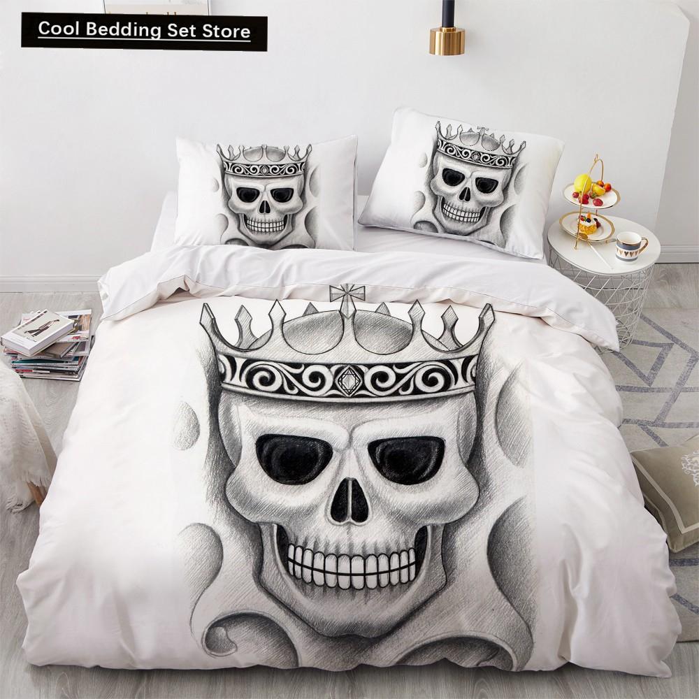 Skull Couple King Queen Duvet Cover Skeleton Bride Bedding Set for Kids Teens Adults Halloween White 2/3pcs Soft Quilt Cover