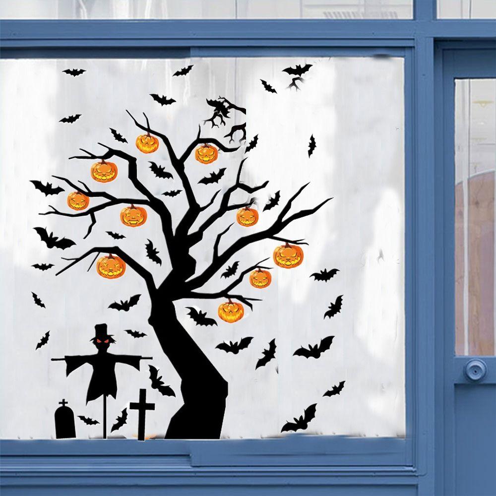 Bat Pumpkin Tree Window Sticker Waterproof Glass Sticker Creative Door Sticker  Home Decor