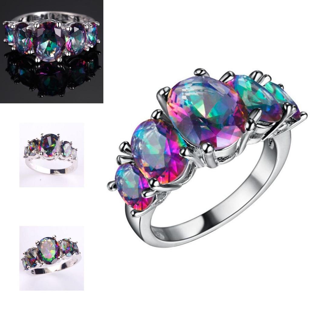 Fashion Vintage Floral Rainbow Crystal Ring For Women Lovers Elegant Jewelry Accessory