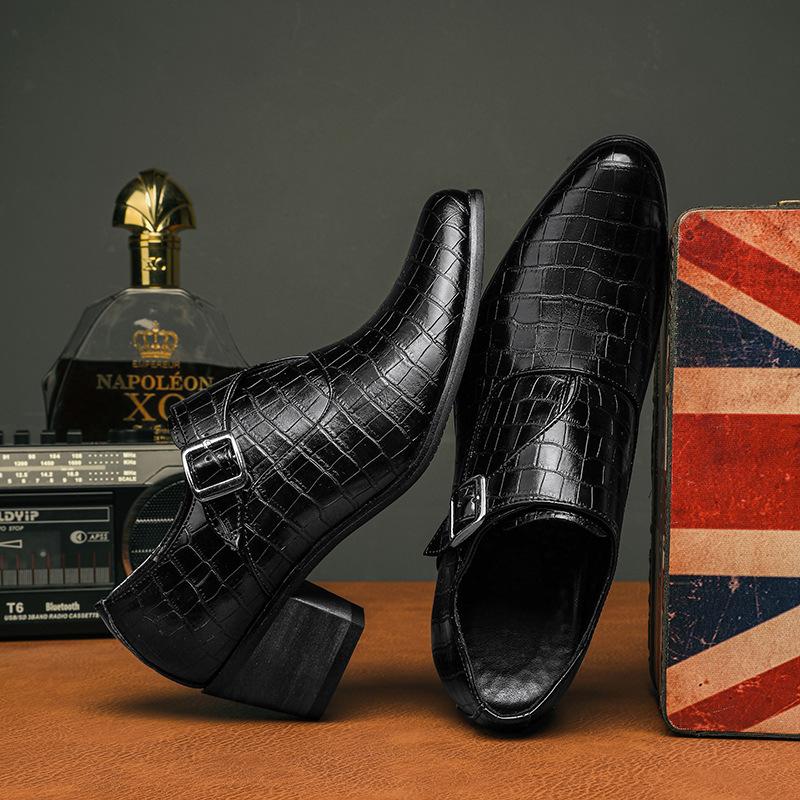 Fashionable 5cm Height Increase Stone Pattern British Casual Men's Leather Shoes