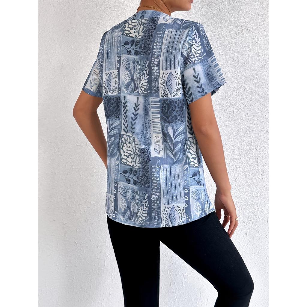 Summer Spring Women's Printed Short Sleeve Cardigan T-shirt, Fashion Casual Tops for Women, European American Style Crossbody Outwear