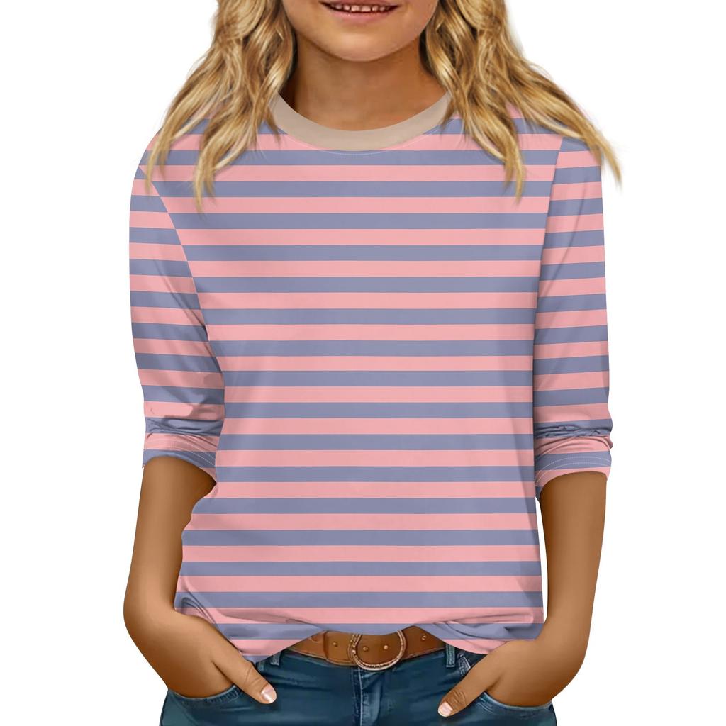 Children's 3/4 Sleeve Tops Casual  Print T Shirt Round Neck Pullover Blouse