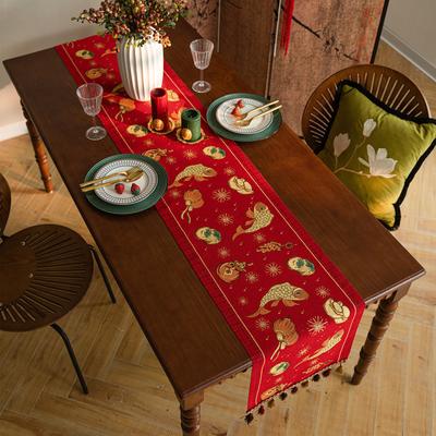 Spring Festival Decorative Color Woven Jacquard Dining Table Cloth Red Blessing Character Coffee Table Tablecloth Festive New Year Table Flag