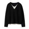 Women's Versatile Autumn V-Neck Color Block Cashmere Knit Sweater - Faux Two-Piece Loose Top