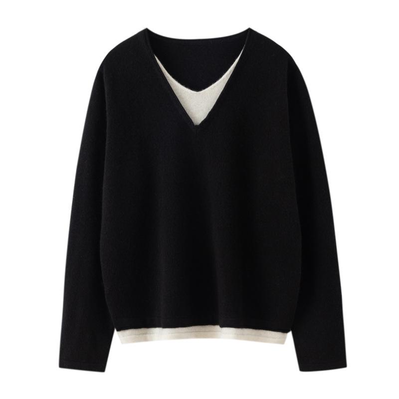 Women's Versatile Autumn V-Neck Color Block Cashmere Knit Sweater - Faux Two-Piece Loose Top