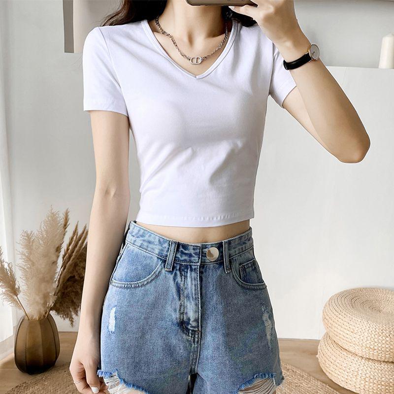 2026 New Style V-Neck White Cotton Women's Cropped Short-Sleeve Top