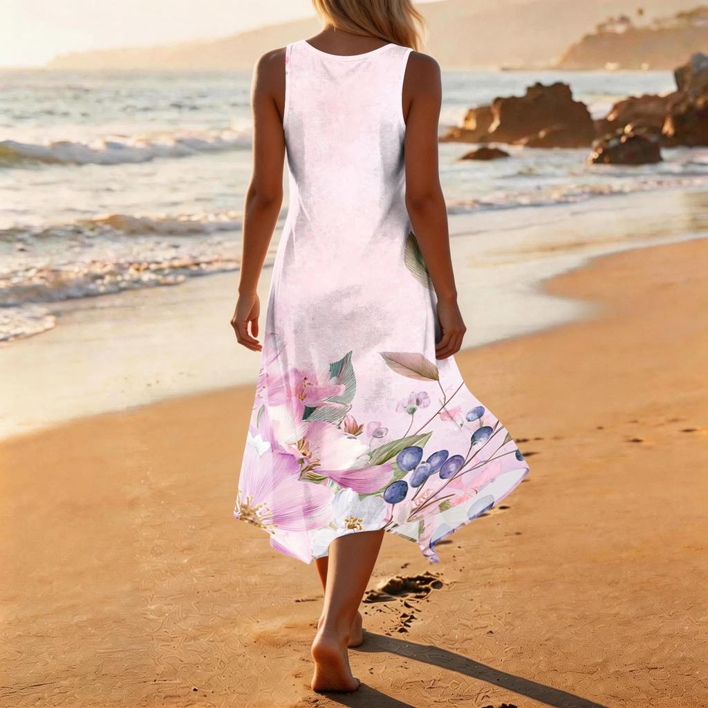 Sleeveless Casual Mid-Length Dress with Round Neck Irregular Hemline and Wave Print for Women Summer Beachwear