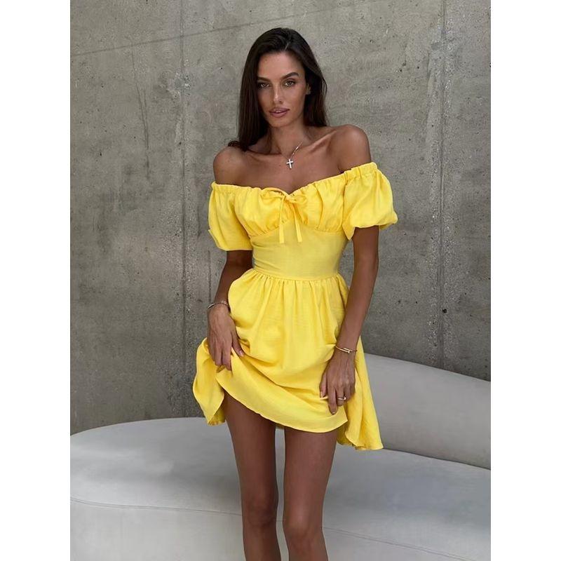 

Western Style Fashion Sexy off-Shoulder Lace-up Dress Sexy off-the-Shoulder Dress Yellow S