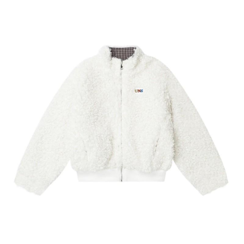 American Streetwear Plaid Lamb Wool Reversible Puffer Jacket Winter Thick Warm Coat Teens
