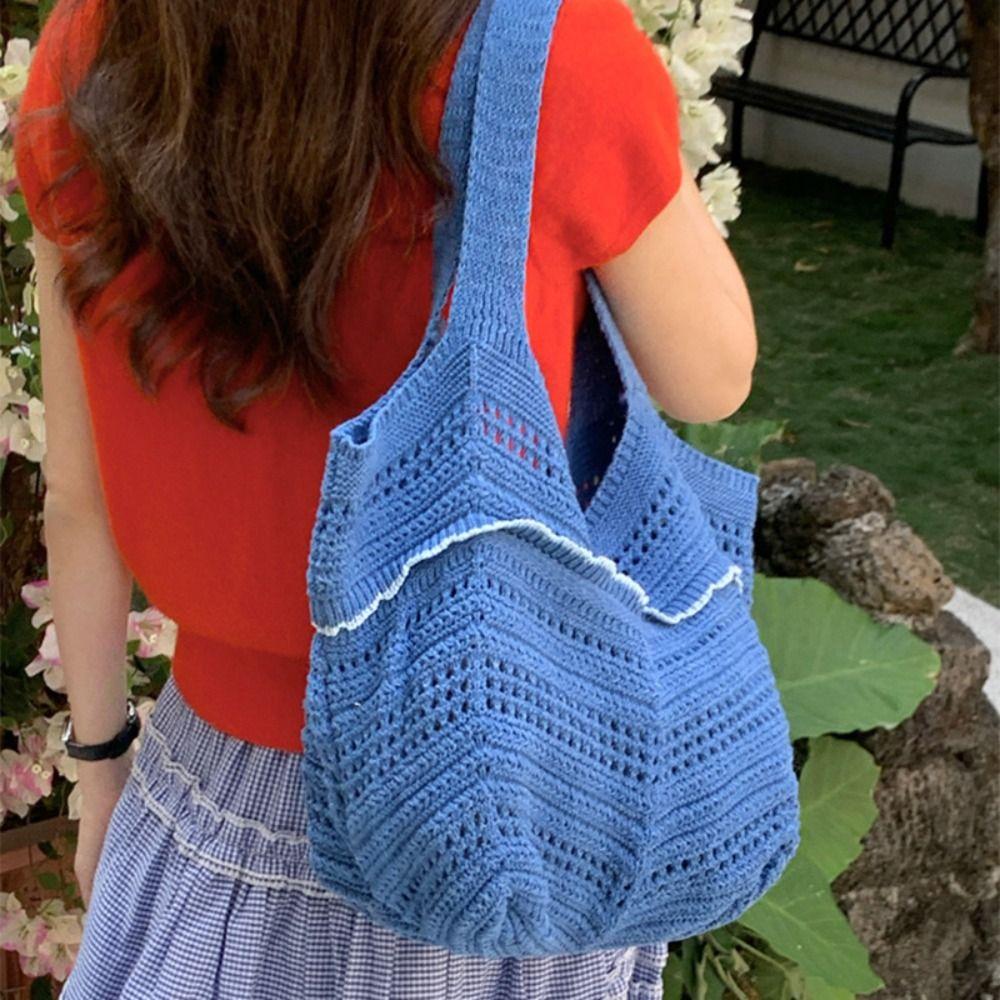 Korean Style Hollow Out Knitted Weave Bag Solid Color Knitted Shoulder Bag Crochet Tote Bag  Daily