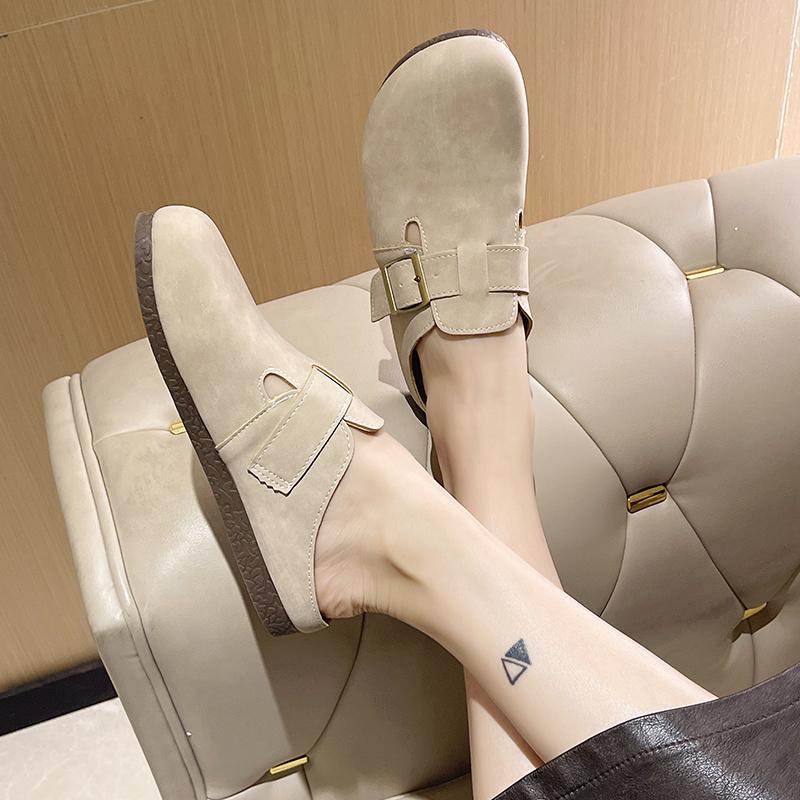 Fashion 2024 Summer New External Wearing Women's Baotou Large Size Half Slippers Matte Leather Solid Color Comfortable Single Shoes