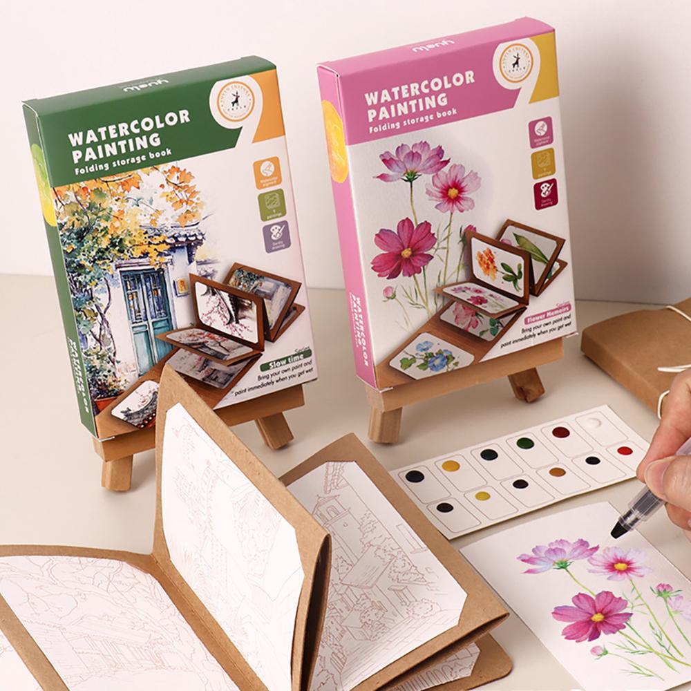 9 Sheets/set Watercolor Painting Folding Storage Book with A Pen Holiday Birthday Gift