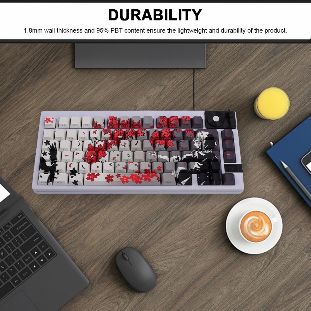 129 Key Raven Sakura Keycap Set Dye Sub Keycaps PBT Keycaps Therimal Sublimation Keycaps Anime Keycaps for Mechanical Keyboard