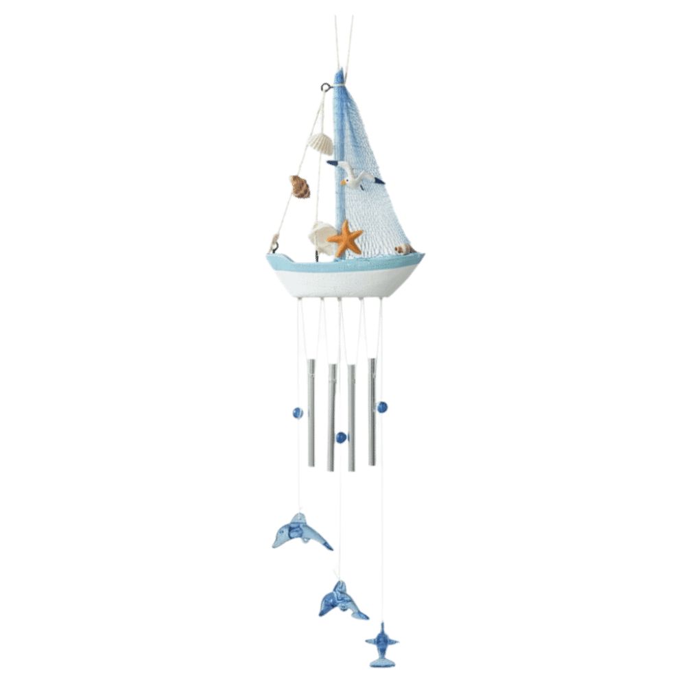 Dolphin Pendant Nautical Sailboat Wind Chime Shell Star Mediterranean Style Wooden Sailboat Models Tassel Decoration