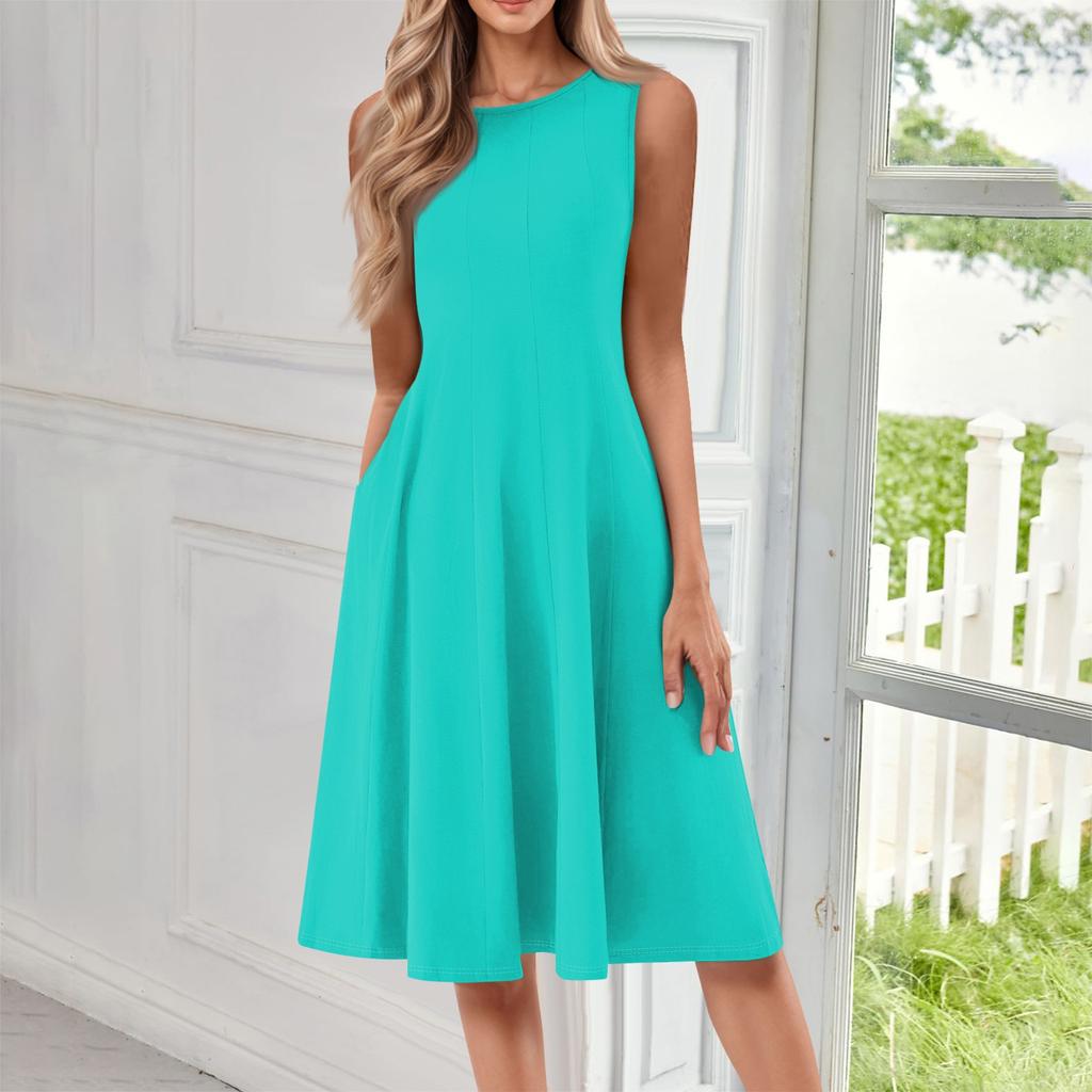 Women's Fashionable Round Neck Sleeveless Solid Color Casual Pullover Mid Length Dress