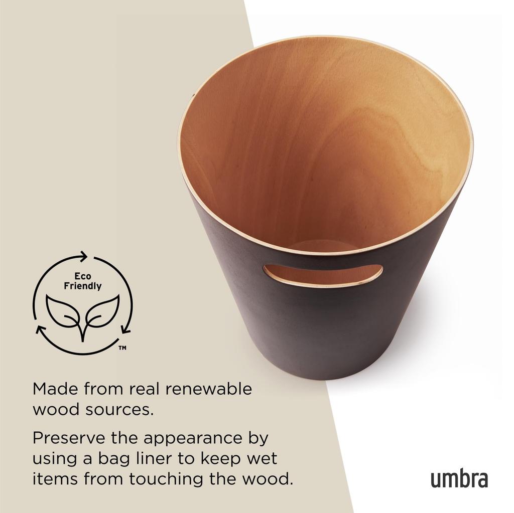Umbra Woodrow Lidless Wooden Trash Natural Solid Stylish Light Espresso Can, Round, Pail, Can, Dustbin, Bentwood, Wood, Design, 7.5L,