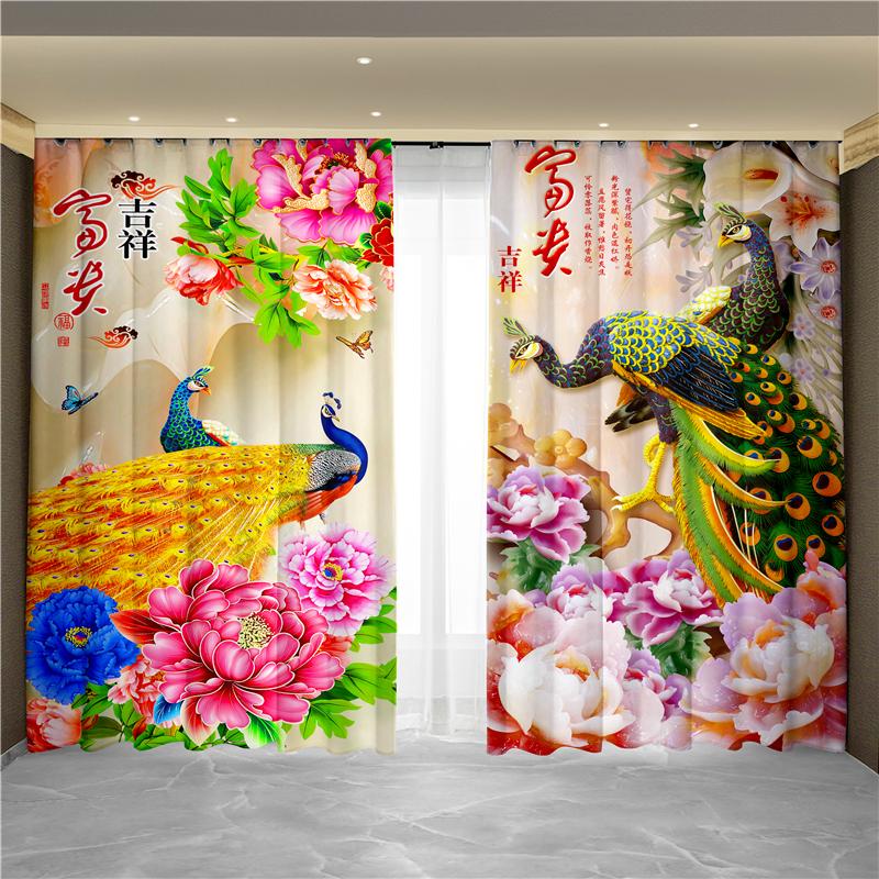 Nowy Chiński Styl Tuszowy Pejzaż Malarstwo Kwiatowe Paw Feniks Zasłona Okno od Podłogi do Sufitu Salon Tkanina Zaciemniająca Zasłona