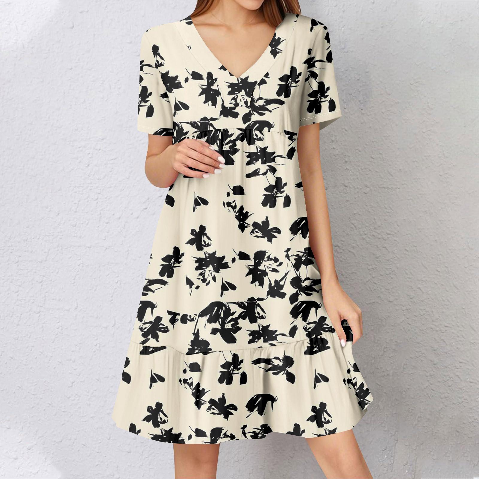 

Женское летнее платье с коротким рукавом и V-образным вырезом, короткие платья, модное повседневное струящееся бохо-платье с оборками, А-силуэт, свободное платье-халат S бежевый