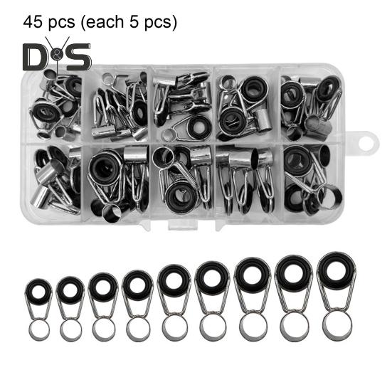 45Pcs/Box Fishing Rod Guide Ring Assorted Sizes Stainless Steel Ceramic Eyelet Replacement Freshwater Saltwater Fishing Pole Tip Repair Kit